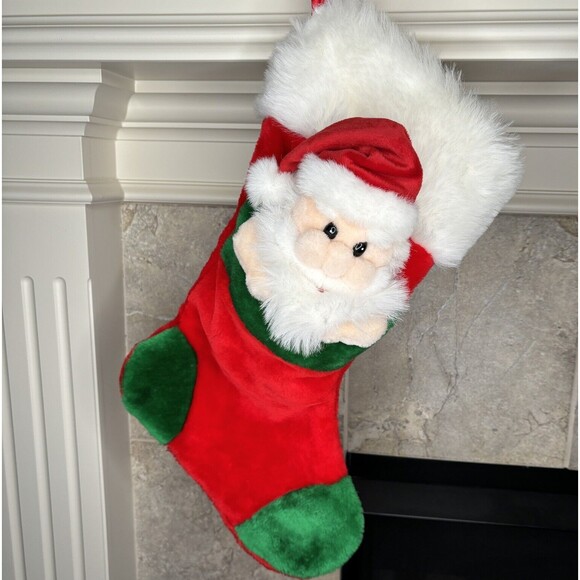 Vintage 3D Santa CHRISTMAS STOCKING Green Red White Plush Hat Prima Creations - Picture 2 of 6